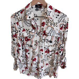 Milk & Honey Heart Print Button Down Shirt Small Valentine's Day Top Roll Tab